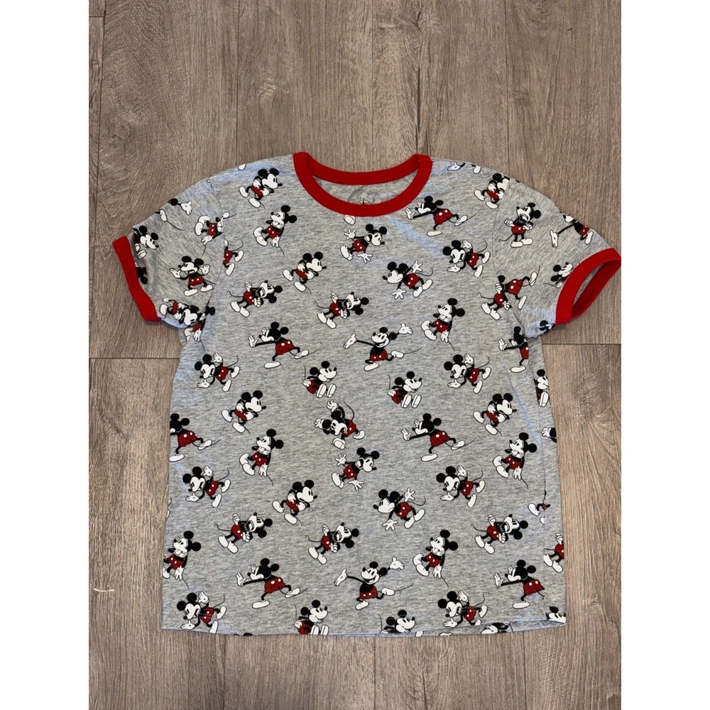 Disney Ringer T Shirt Kids Large 10/12 Gray Graphic Mickey Mouse Allover‎ Print